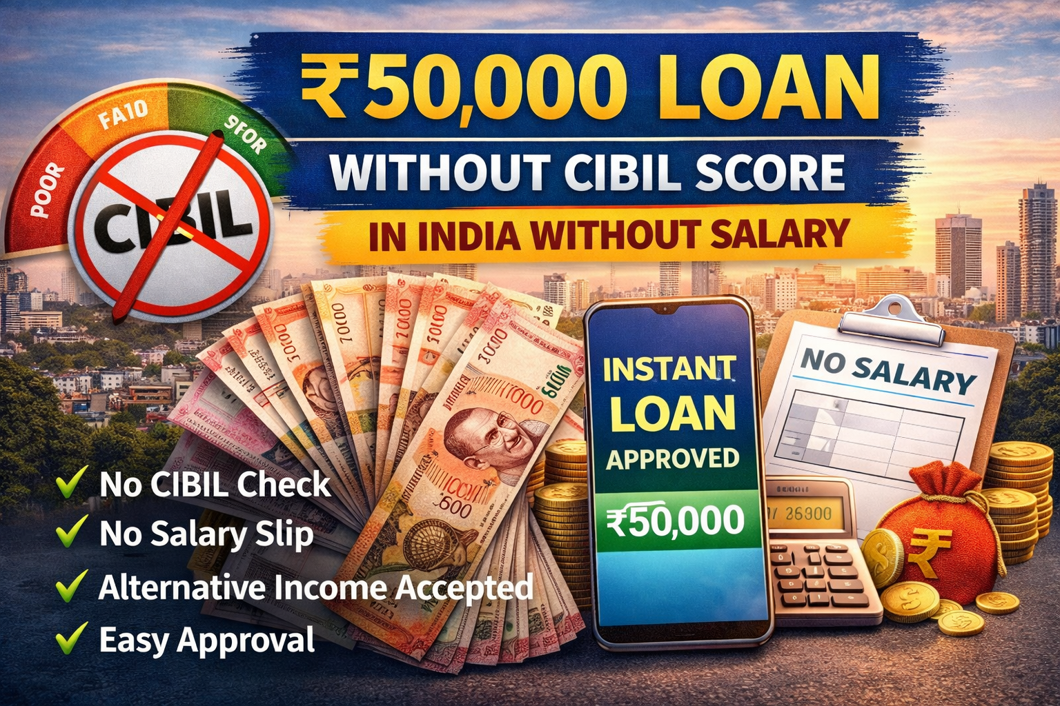 50 000 loan without cibil score in india without salary